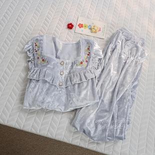 治愈蓝色法式宫廷公主风长袖睡衣女春秋冬季质感金丝绒家居服套装