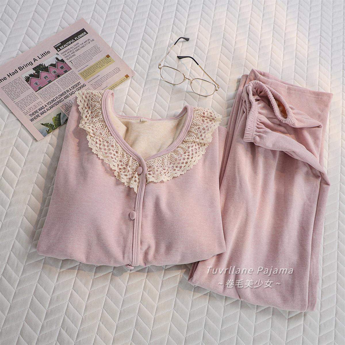 带胸垫甜美公主风加厚保暖德绒睡衣女秋冬季长袖新款羊绒家居服