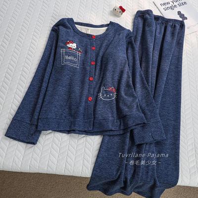 韩系藏蓝色HelloKitty带胸垫加厚德绒睡衣女2025秋冬季新款家居服