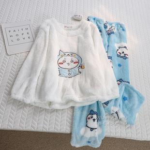 冬天圆领加绒加厚珊瑚法兰绒睡衣女卡通chiikawa秋冬季新款家居服