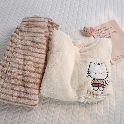 奶乎乎Kitty猫加绒加厚珊瑚绒情侣睡衣男女士冬季新款圆领家居服