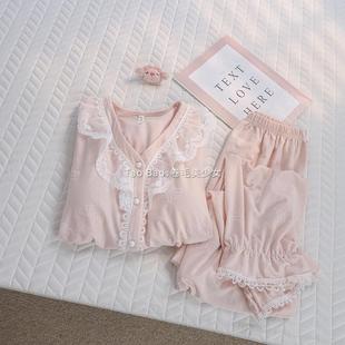 家居服 甜美粉色宫廷公主风提花纯棉睡衣女款 春秋季 带胸垫长袖 套装