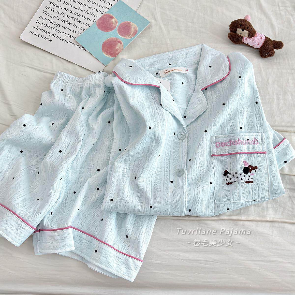 夏天薄荷蓝纯棉短袖睡衣女2026夏季新款波点卡通可爱ins风家居服