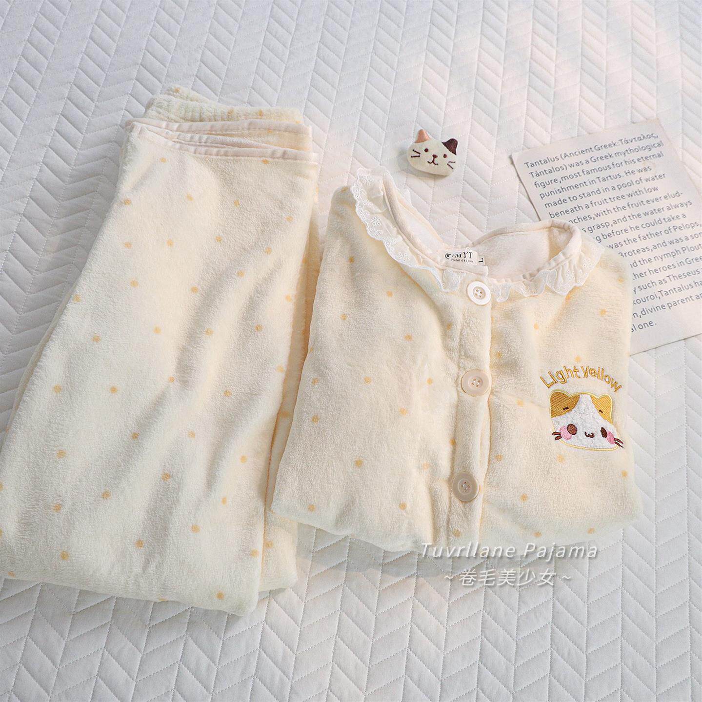 奶萌小猫法兰绒睡衣女2025秋冬新款可爱卡通波点加厚珊瑚绒家居服