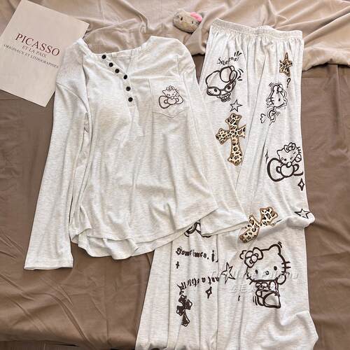 莫代尔带胸垫长袖睡衣女春秋季新款卡通可爱夏天薄款短袖家居服