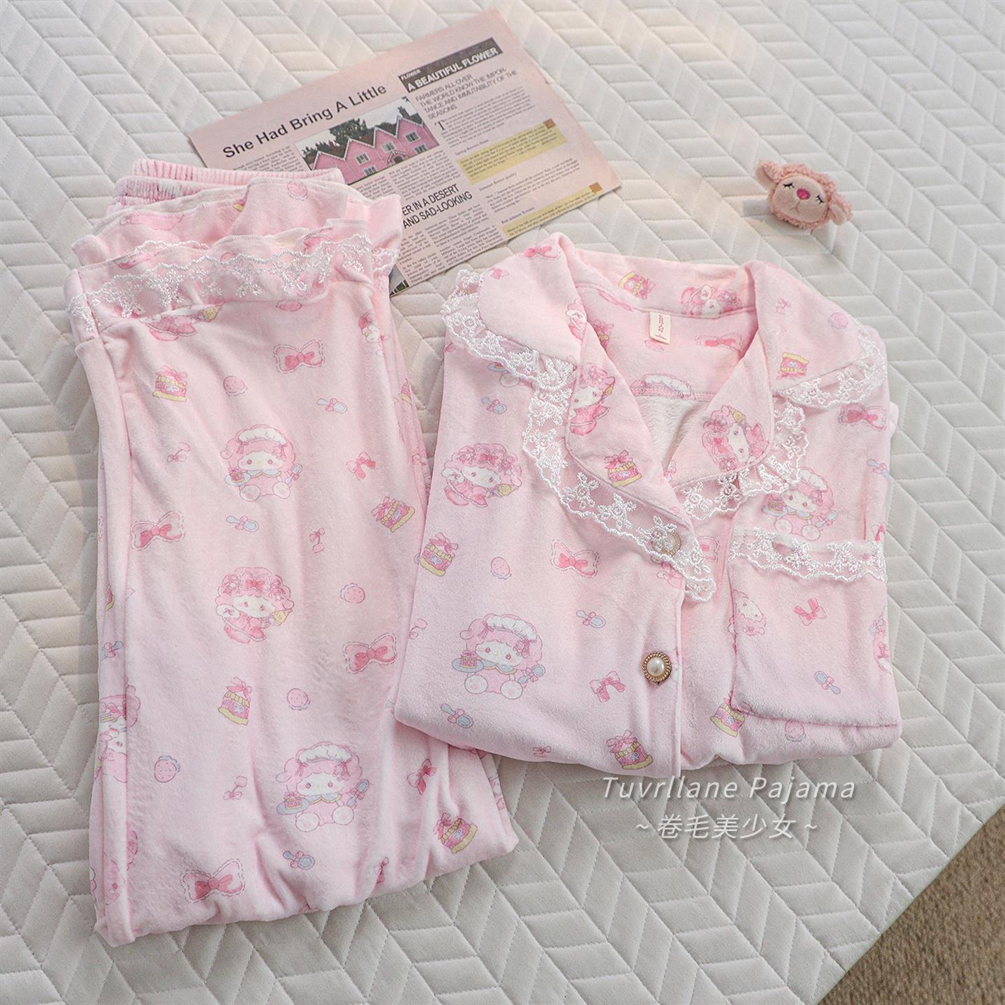 粉嫩嫩少女感海岛绒睡衣女秋冬季长袖新款可爱卡通日系保暖家居服