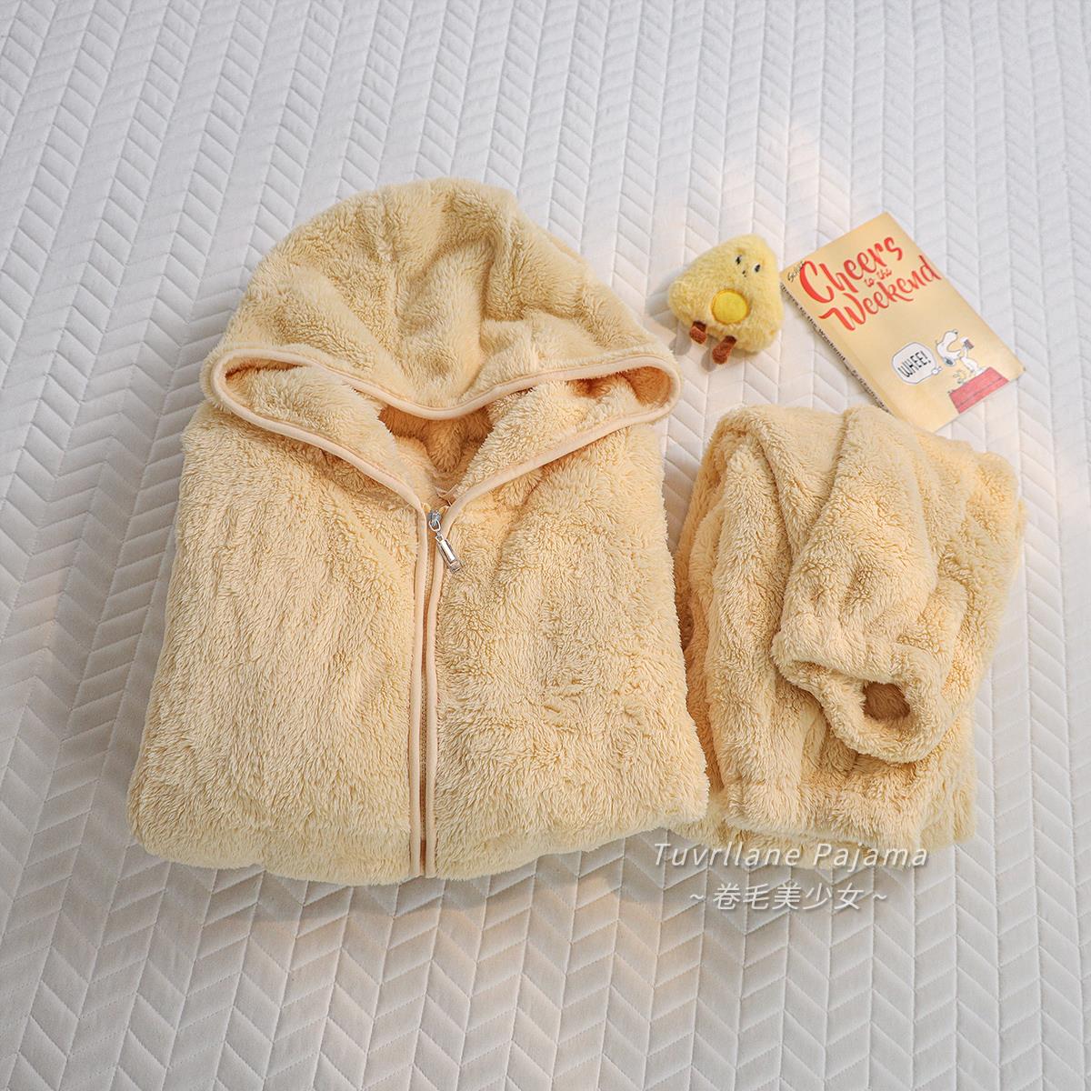 秋冬季超显白黄色珊瑚绒睡衣女新款长袖连帽可外穿加绒加厚家居服