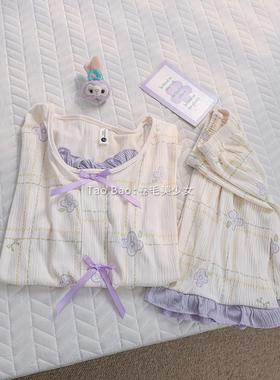 2025甜美风夏季新款绉布棉紫色小花短袖睡衣女花边圆领套装家居服