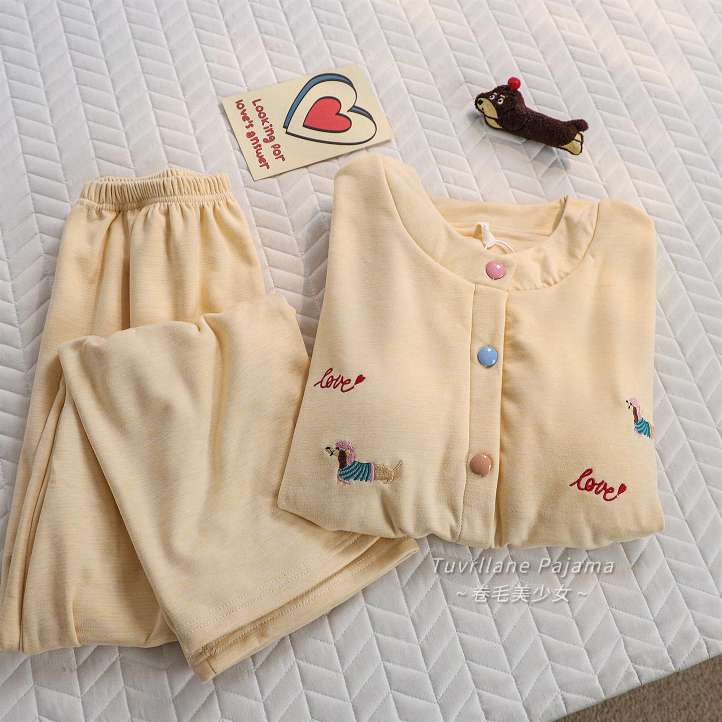 卡通刺绣小狗加厚德绒保暖睡衣女2025秋冬季新款长袖可爱家居服