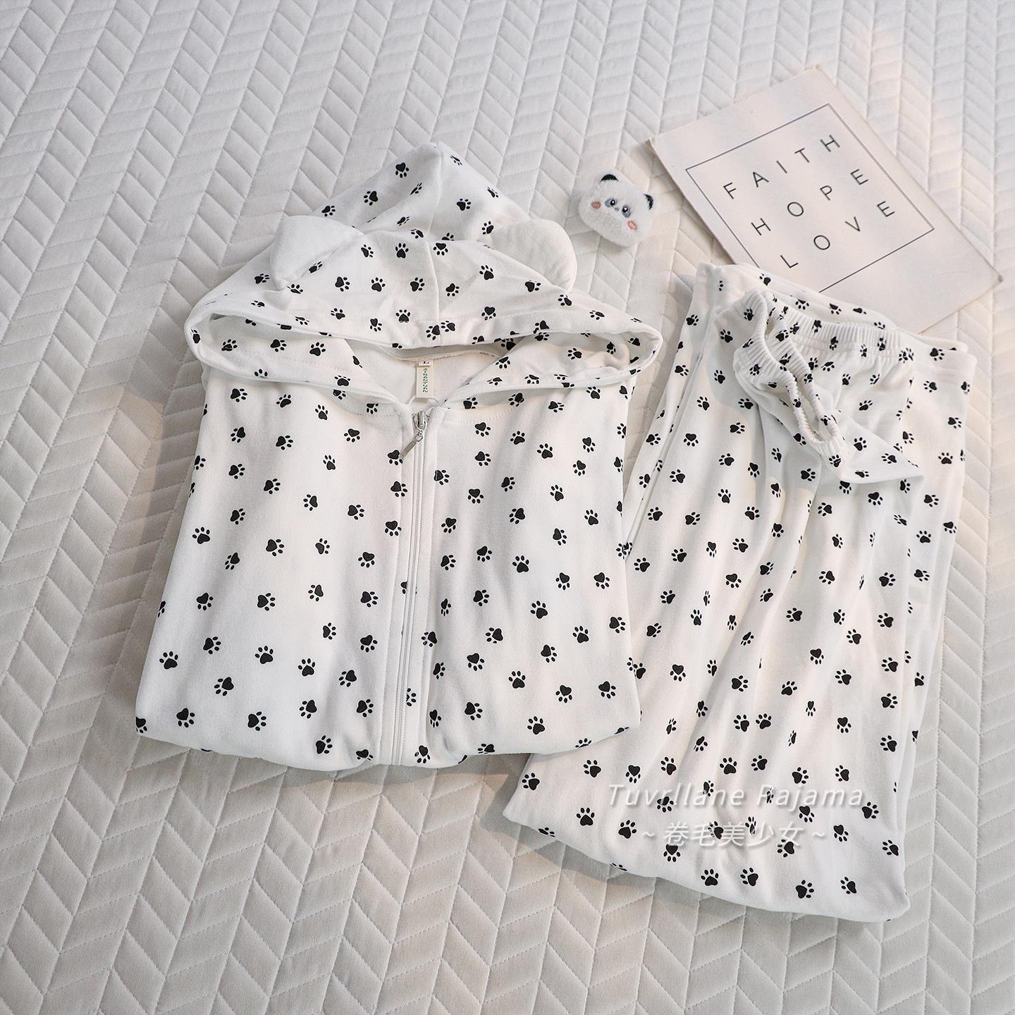 日系猫爪连帽德绒睡衣女士2025春秋冬季长袖新款加厚可外穿家居服