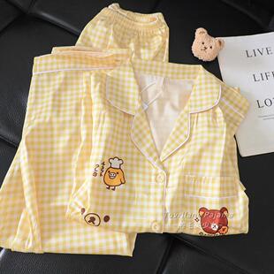 黄格子萌趣卡通轻松小熊冰丝长袖睡衣女春秋季新款可爱家居服套装