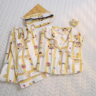 日系卡通印花纯棉长袖睡衣女款春秋季新款休闲黄色条纹家居服套装