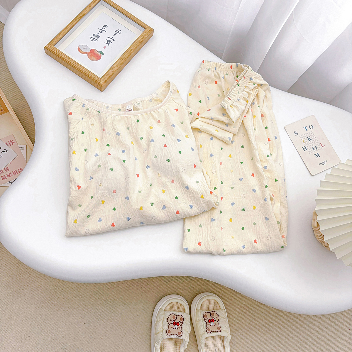 彩色爱心云朵棉睡衣女带胸垫春秋夏季甜美少女风家居服长袖套装