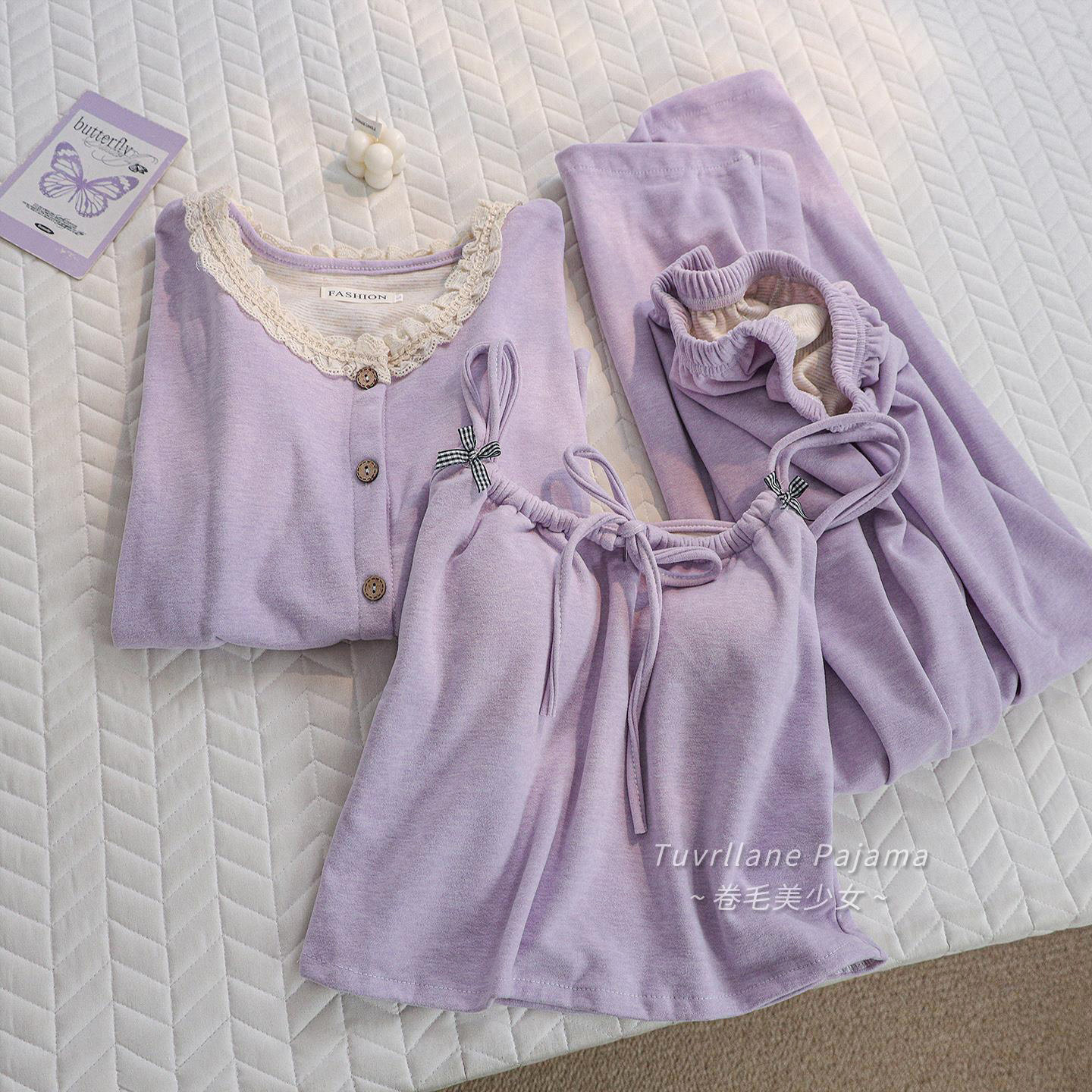 带胸垫加厚德绒保暖三件套睡衣女2025秋冬季长袖新款羊绒家居服