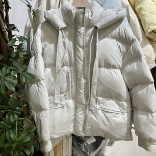 年货款韩系童装冬装新款90白鸭绒女童米灰色连帽羽绒服外套青少年