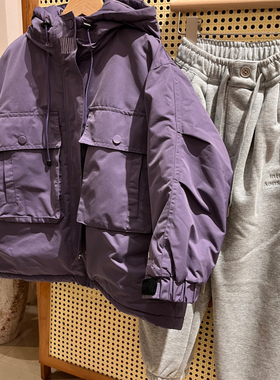 男童女童紫色连帽冲锋衣外套2024冬款中大童韩版潮酷工装加棉夹克