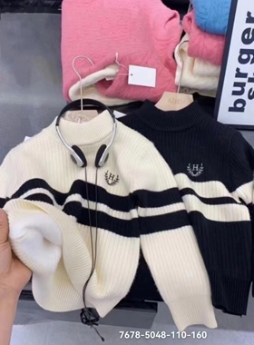 冬款童装男童女童黑色白色加厚一体绒半高领拼色一体绒毛衣打底衫