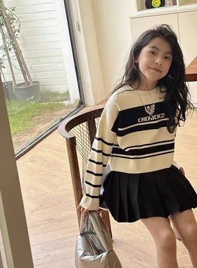 实体店韩货童装女童细毛线针织毛衣黑色百褶裙短裙