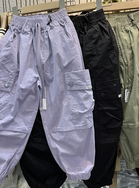 2023春夏款男童女童薄款纯棉工装裤中大童紫色束脚裤九分裤