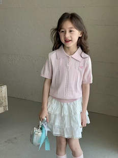 2025春夏新款女童粉色薄款冰丝韩版针织衫中大童针织衫短袖针织衫
