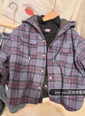 冬装男童女童紫色格子加厚加棉连帽衬衫外套中大童韩版洋气衬衣