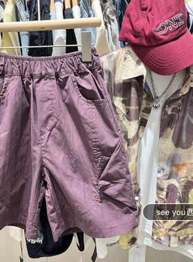 2025夏季新款男童女童韩版紫色工装裤中大童休闲裤五分裤短裤