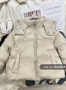 韩货冬装男童女童米杏色短裤连帽羽绒服中大童洋气面包服外套