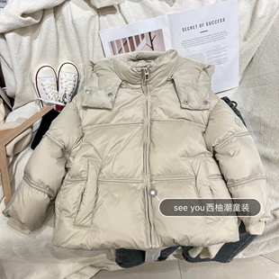 韩货冬装男童女童米杏色短裤连帽羽绒服中大童洋气面包服外套