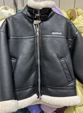 冬款童装年货大衣男童女童黑色加厚一体绒皮毛一体机车款外套大童