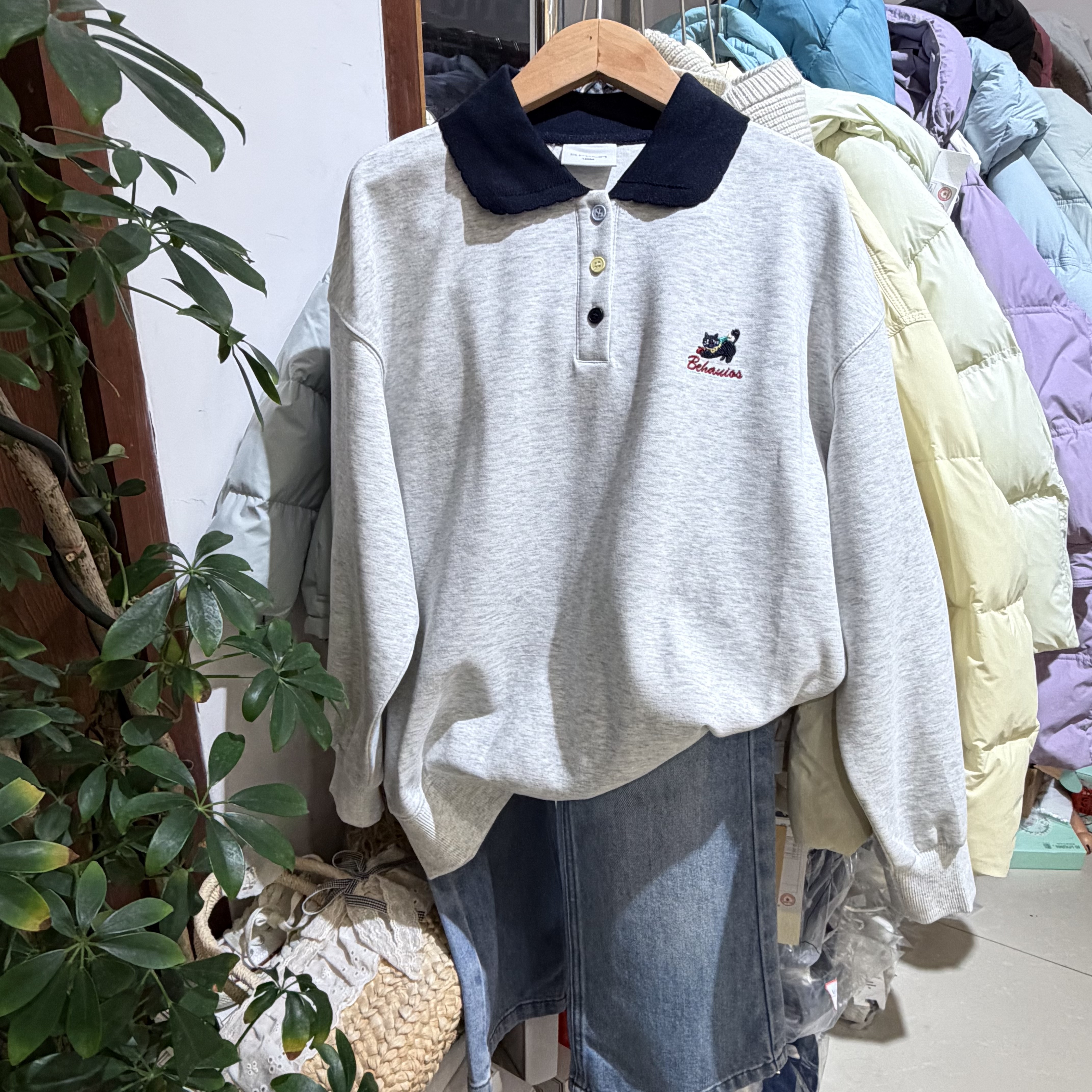 2026春装青少年女童花灰色polo衫卫衣大童小猫绣花少女卫衣
