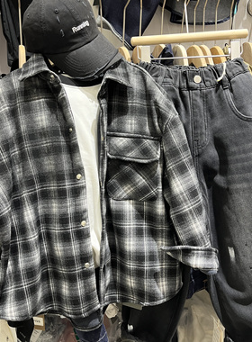 冬款童装男童女童黑色格子加厚一体绒衬衫中大童帅气百搭外套