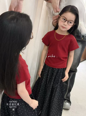 2025夏季新款女童韩版漏腰绑带红色短袖T恤中大童红色辣T