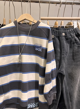 秋装男童女童灰色拼蓝色条纹立体剪裁卫衣中大童套头卫衣