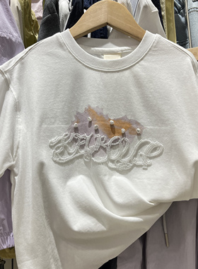 2025夏季新款女童韩版休闲百搭钉珠字母短袖T恤中大童白色短袖T恤