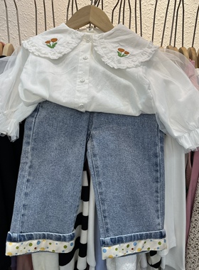 2023春款童装女童白色蕾丝泡泡袖花朵娃娃领大翻领衬衫小童衬衣