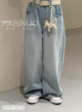 2025春装儿童牛仔裤中大童蓝色直筒裤宽松阔腿裤柔软阔腿裤