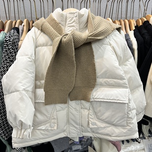 冬款童装女童米白色短款面包服毛线帽子披肩羽绒服韩版潮版羽绒服