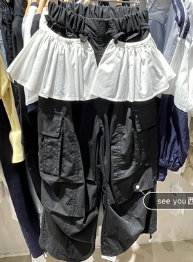 2025春秋新款女童韩版黑色工装裤直筒裤中大童洋气可拆屁帘工装裤