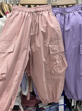 2023春夏款女童薄款纯棉工装裤粉色紫色束脚裤九分裤