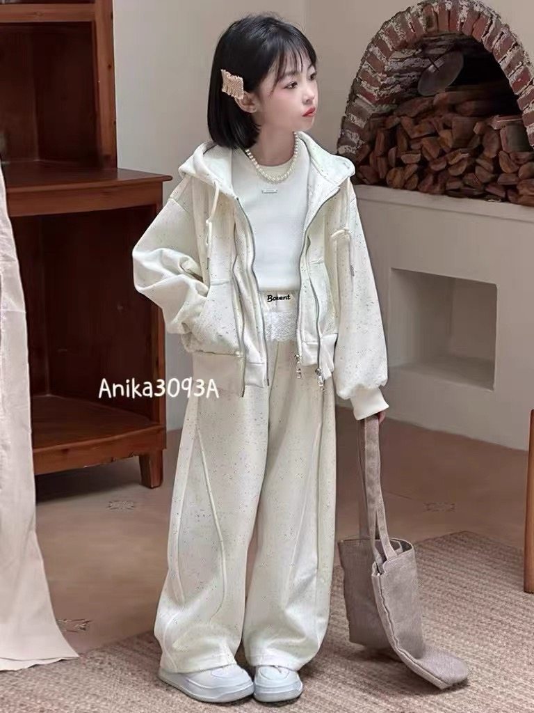 2026春新款女童韩版休闲连帽拉链卫衣外套大童帽衫弯刀裤两件套