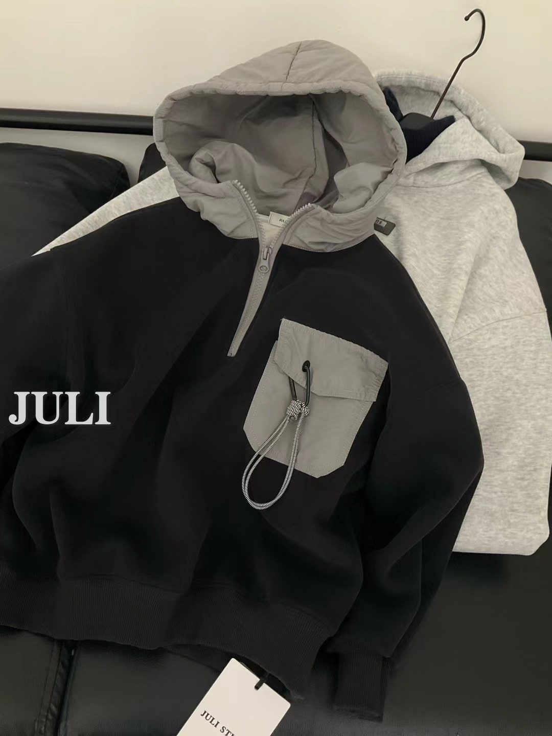 韩货冬装男童女童韩版休闲加绒卫衣中大童撞色灰色连帽拉链卫衣