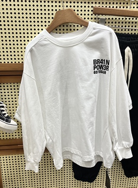 2024春款童装男女童白色纯棉字母印花长袖T恤韩版宽松设计款大童T