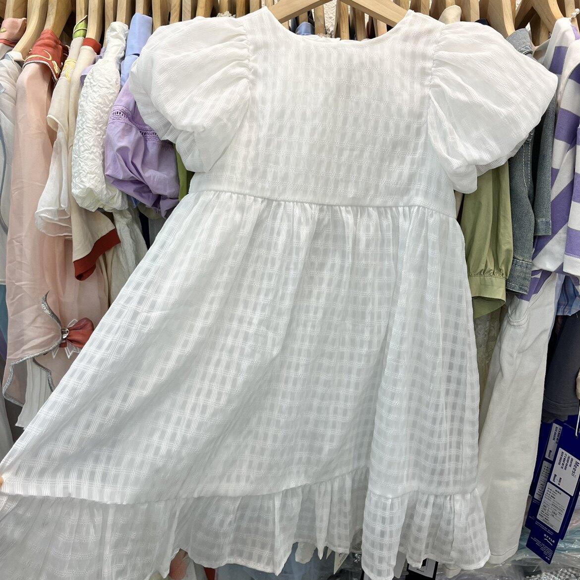 实体店童装女童白色格子泡泡短袖连衣裙中大童大裙摆连衣裙麦迦