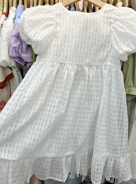 实体店童装女童白色格子泡泡短袖连衣裙中大童大裙摆连衣裙麦迦
