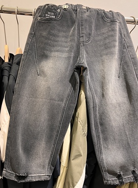 秋装潮版童装男童女童黑色柔软牛仔中大童设计款破洞牛仔裤