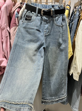 2024春款童装女童蓝色柔软阔腿裤中大童直筒裤好版型阔腿裤