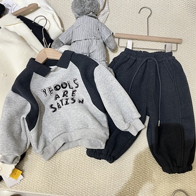 小童冬装新款男童女童韩版灰色拼色翻领加绒卫衣潮版宽松上衣