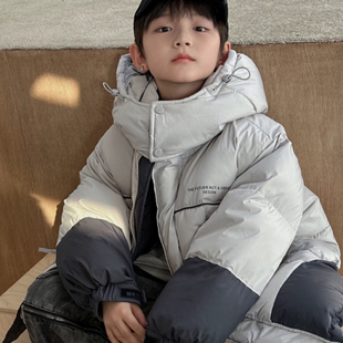 实体店冬装男女童灰色拼接90白鸭绒连帽短款羽绒服中大童洋气潮版