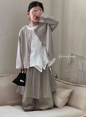 2026春装新款女童灰绿色开衫外套白色T恤中大童休闲百搭长裤套装