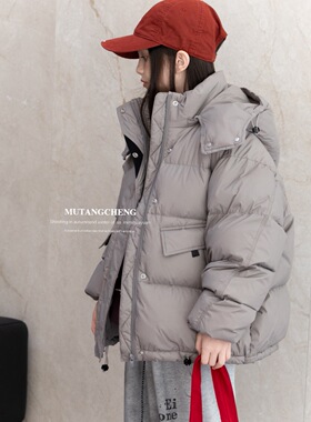冬新款男童女童灰色连帽羽绒服外套中大童保暖白鸭绒羽绒服木糖橙